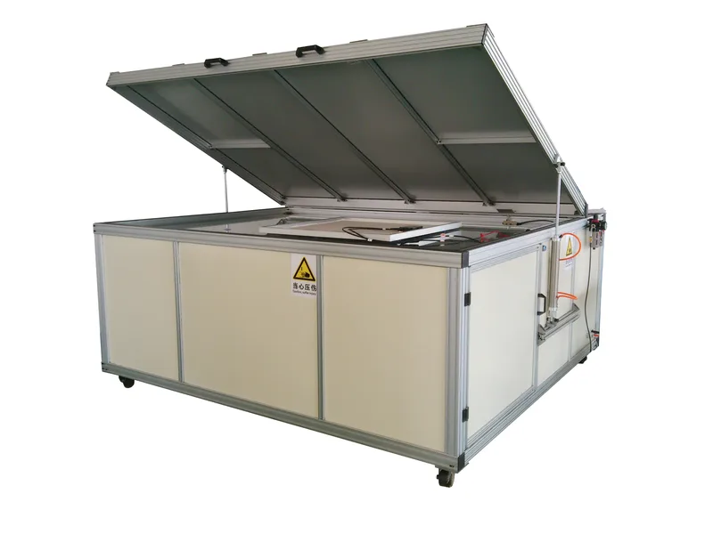 Snail Trails on Solar Panels: Causes and Prevention Solar module laminator with the lid open showing the heated chamber and the module position