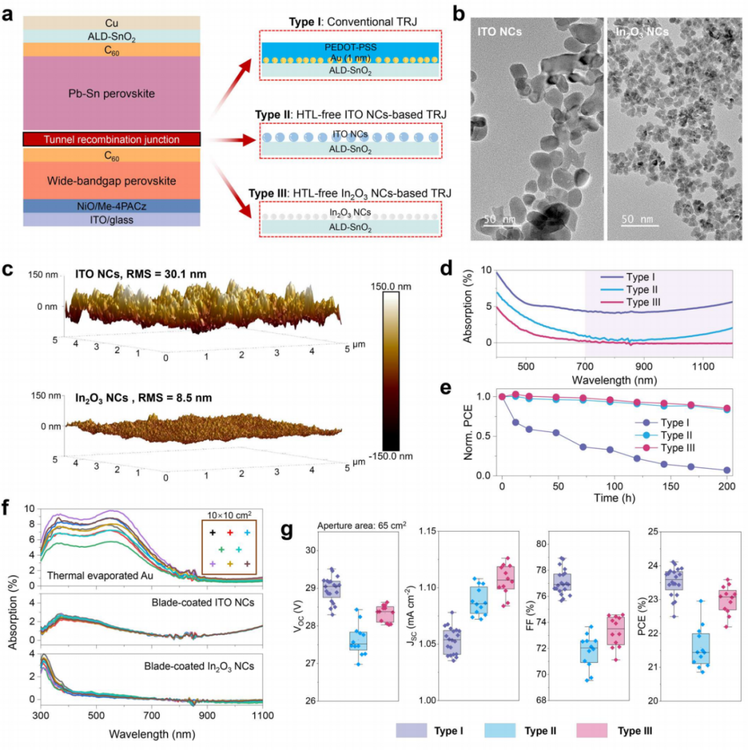 Percée d'efficacité certifiée de 26,2 % dans les grands modules tandem tout-perovskite : la jonction de recombinaison tunnel en nanocristaux d'In₂O₃ image
