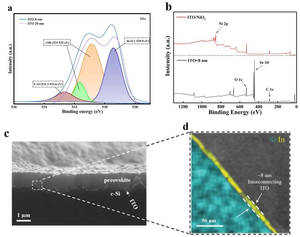 Perovskite/Silicon Tandem Cells: 8nm ITO Interconnect Layer Achieves 31.80% Efficiency O 1s XPS fitting, NiOx-modified XPS, cross-section SEM and EDS mapping of 8 nm ITO on textured c-Si