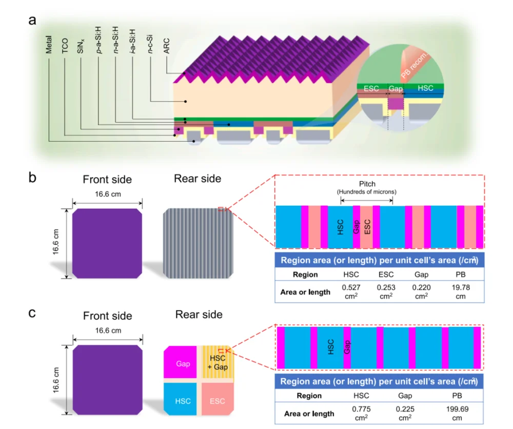 HBC cell layer stack with polarity boundary recombination inset and rear region area tables