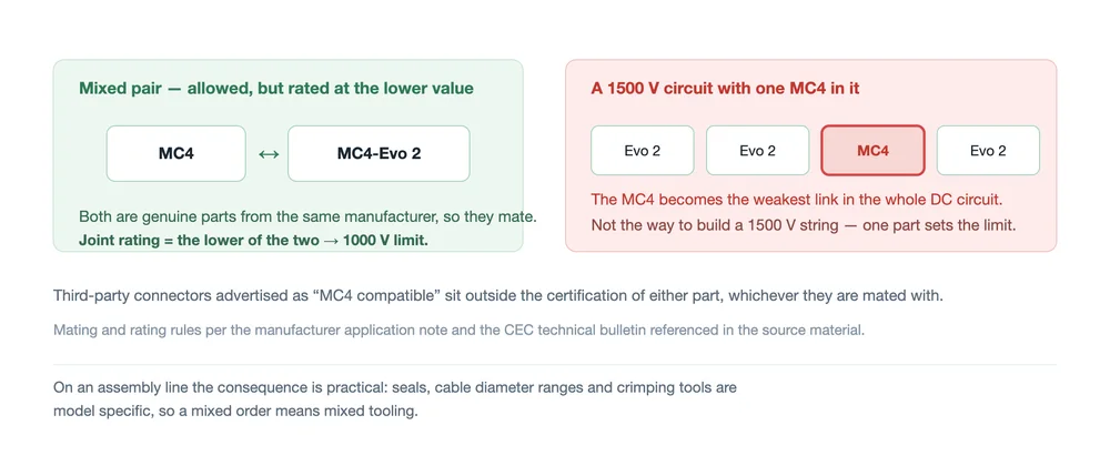 Mixing MC4 and MC4-Evo 2 Mixing rule for MC4 and MC4-Evo 2 connectors and the effect of a single MC4 in a 1500 volt DC circuit